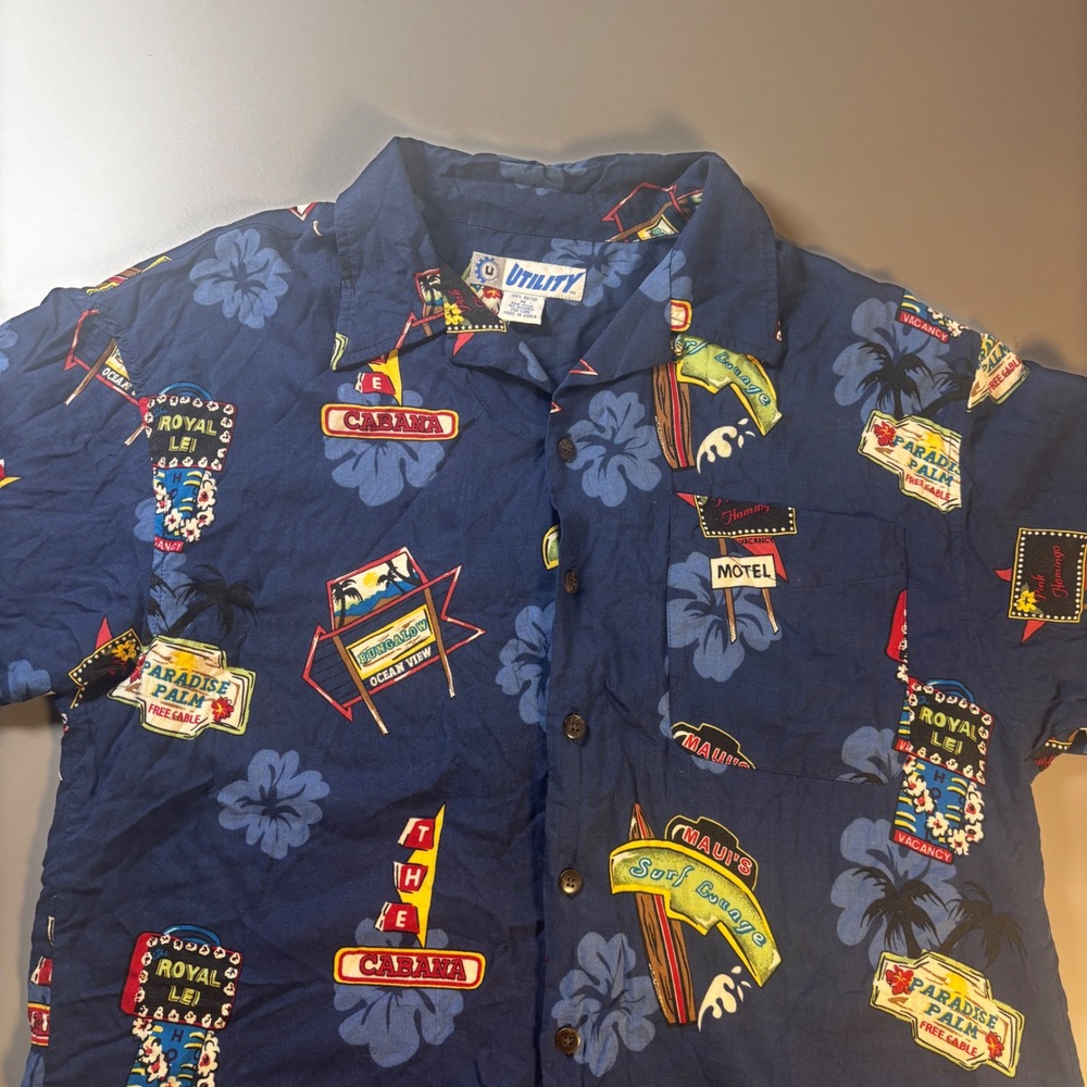 Vintage Utility Rayon Hawaiian Shirt Mens M Single‎ Stitch Tiki Motel Print AOP